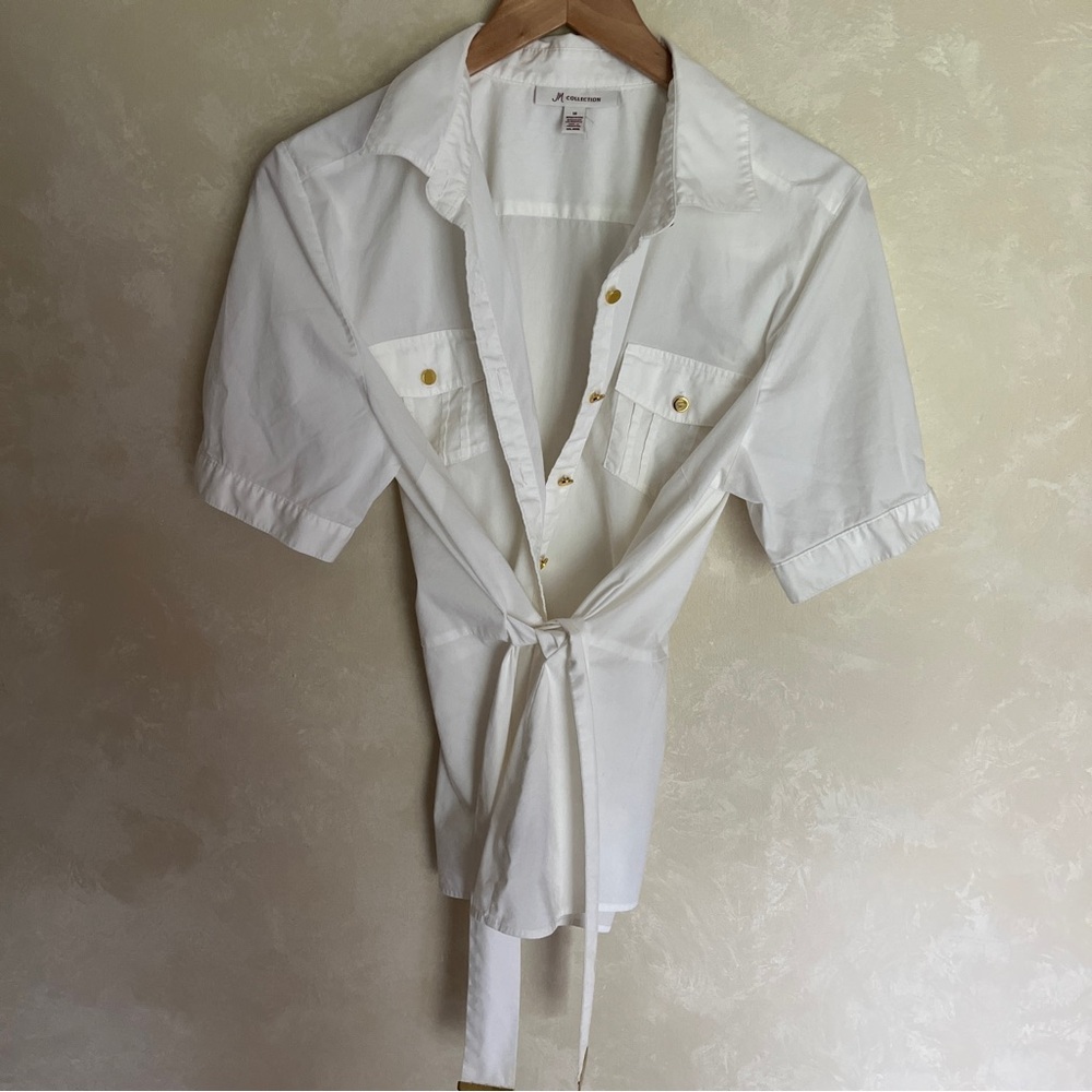 JM Collection White Casual Button Down Shirt with gold buttons and belt tie